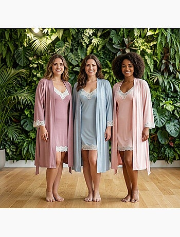 Ozabi nuisette en kimono dames 2-delig viscose bloementenkant riem