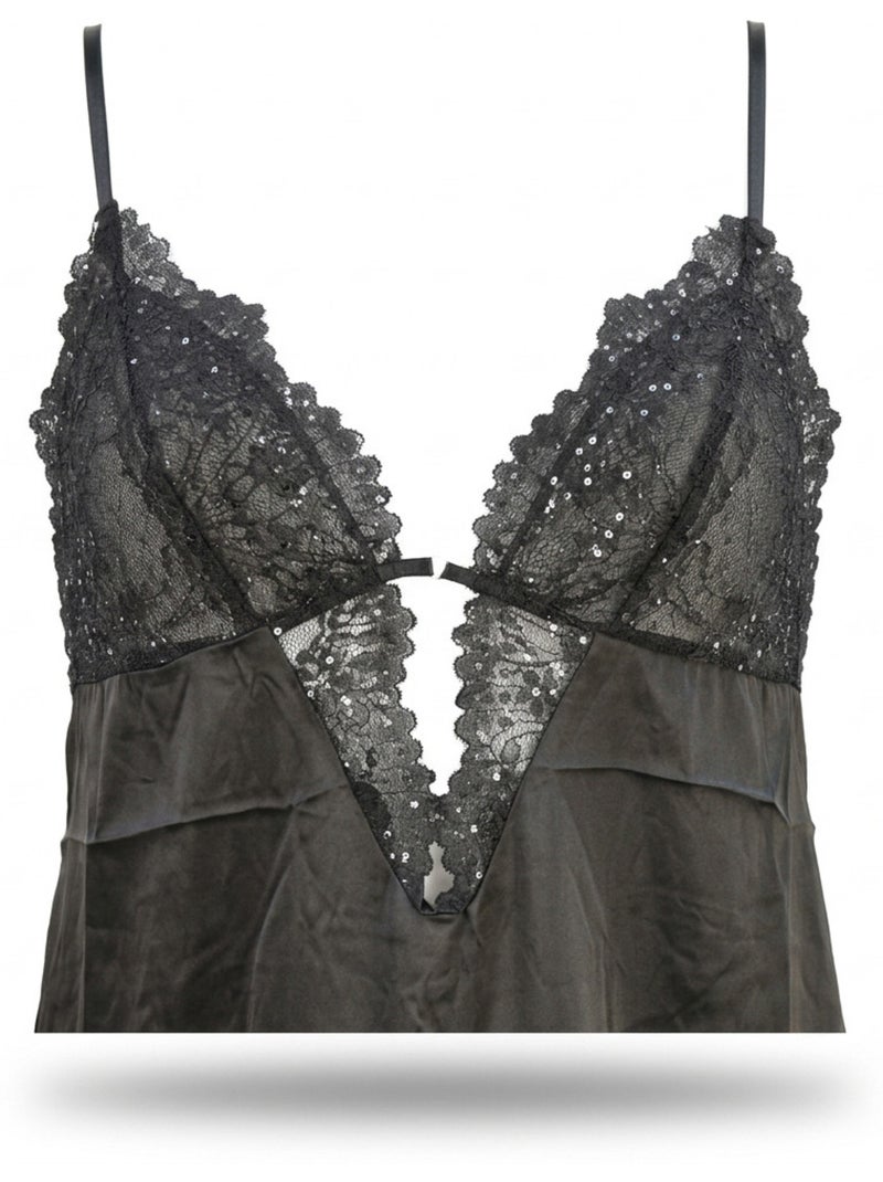 Ozabi nuisette en kimono dames satijn zijde-effect paillettenkant Zwart - Kiabi