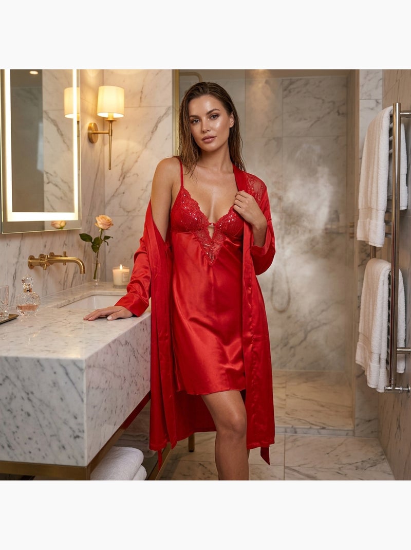 Ozabi nuisette et kimono femme satin effet soie dentelle pailletée Rouge - Kiabi