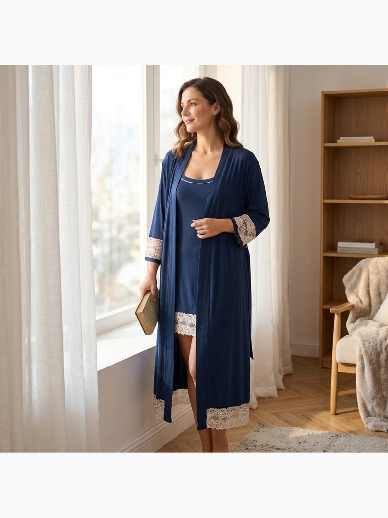 OZABI Nuisette Kimono Femme Dentelle Florale Viscose Loungewear 2 Pièces Bleu marine - Kiabi