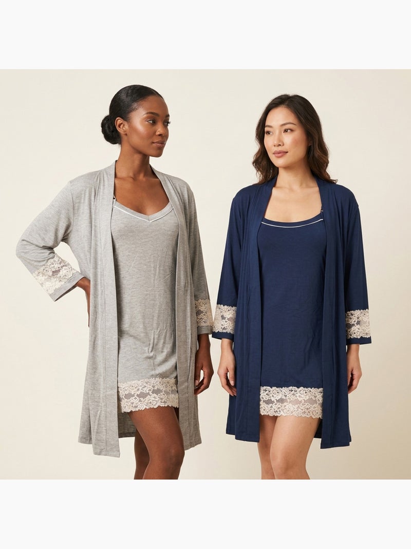 OZABI Nuisette Kimono Femme Dentelle Florale Viscose Loungewear 2 Pièces Gris - Kiabi