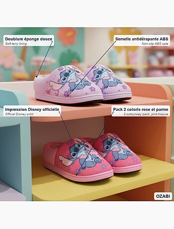 Ozabi pack 2 paires chaussons fille disney stitch fourrés antidérapants