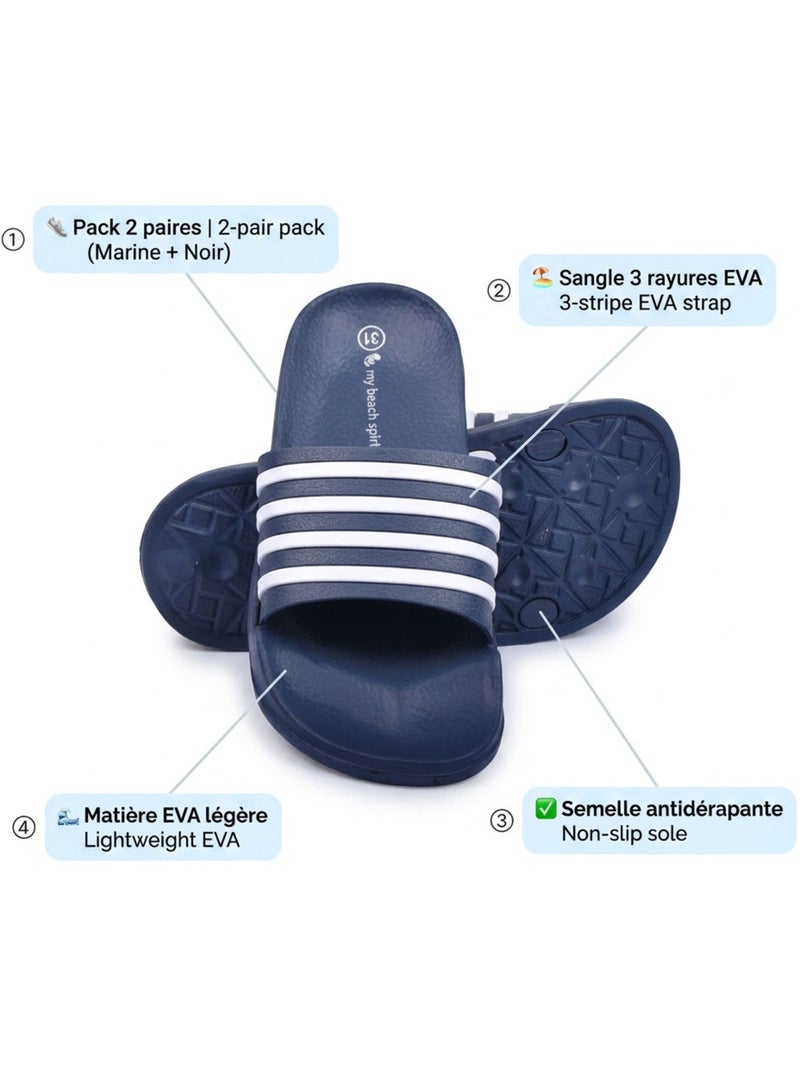 OZABI Pack 2 Paires Claquettes Enfant EVA Antidérapante Bleu marine - Kiabi