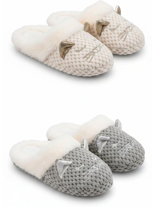 Ozabi pack 2 paires mules femme motif chat doublure fausse fourrure - Kiabi