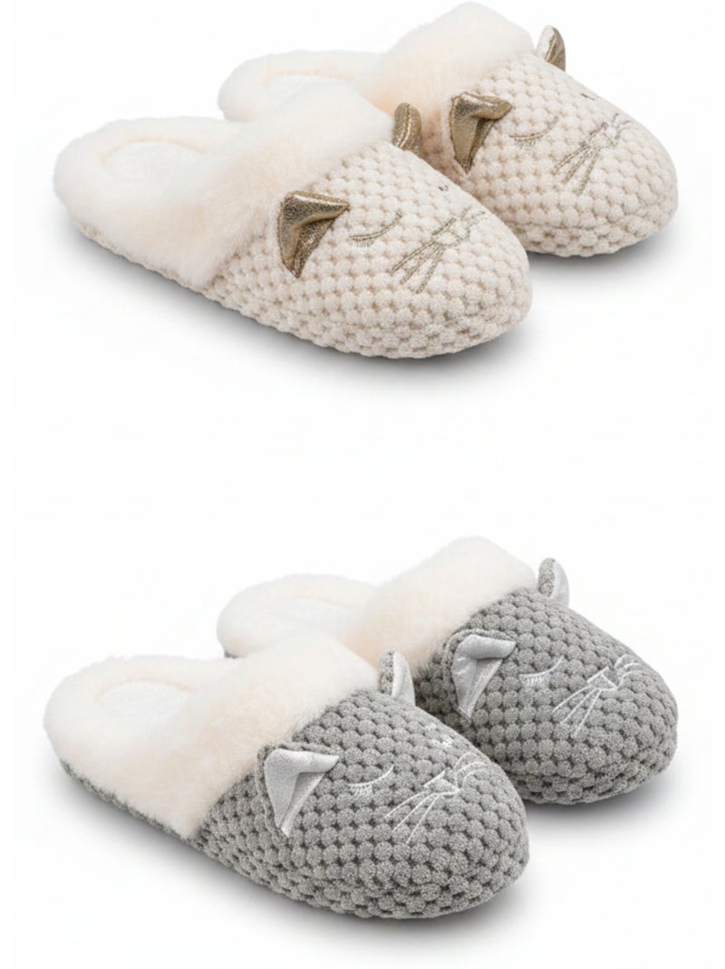 Ozabi pack 2 paires mules femme motif chat doublure fausse fourrure Multicolore - Kiabi