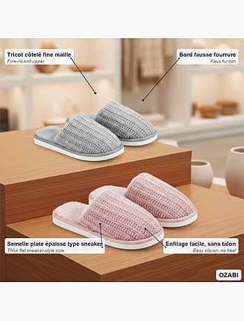 OZABI Pack 2 Paires Mules Femme Tricot Côtelé Semelle Plate Épaisse