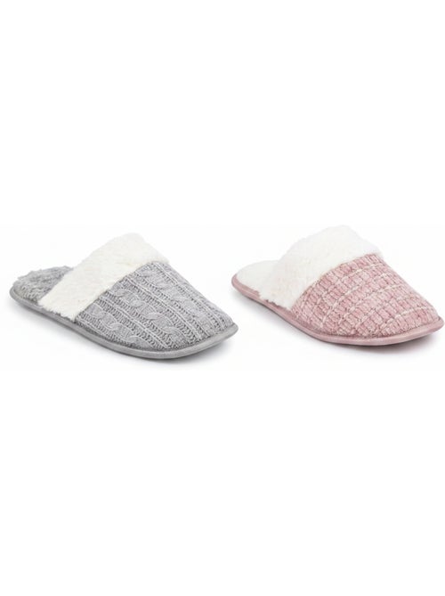 OZABI Pack 2 Paires Mules Femme Tricot Torsadé Bord Fausse Fourrure - Kiabi