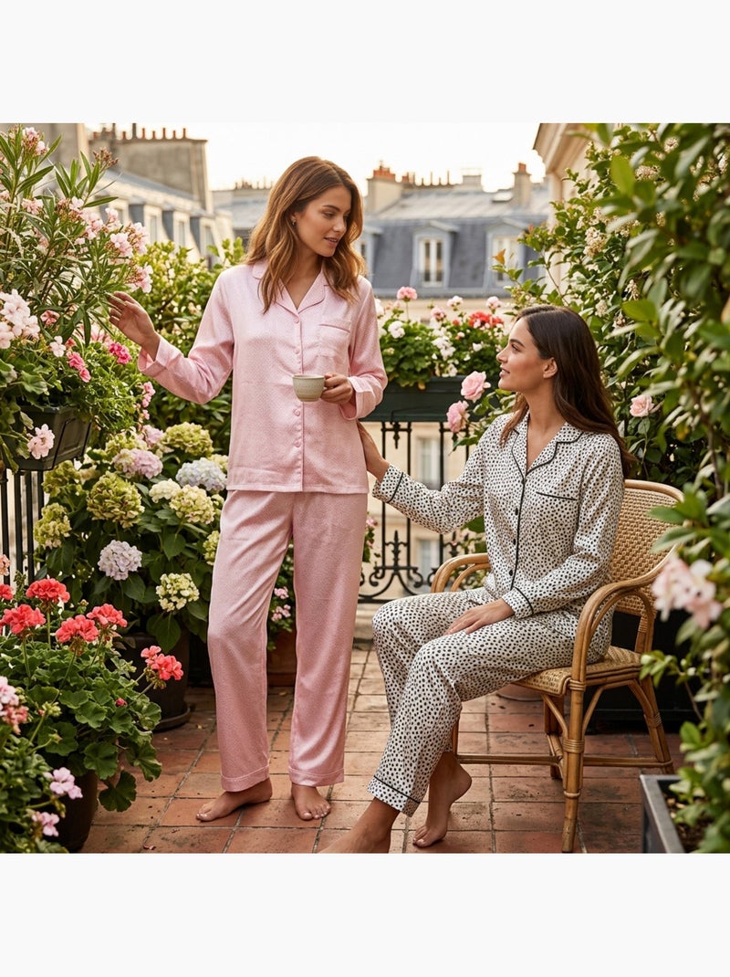 OZABI Pack 2 Pyjamas Femme Longs Satinés Imprimés, Col Chemise Noir Rose - Kiabi