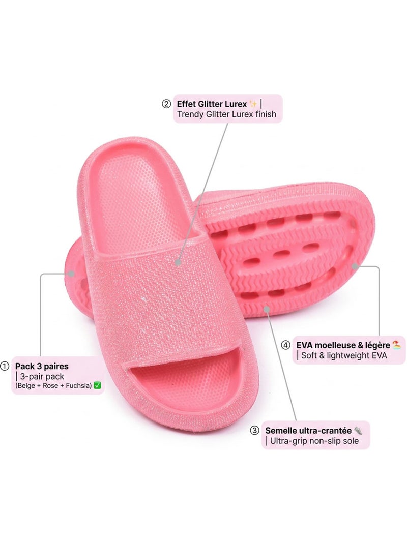 OZABI Pack 3 Claquettes Fille Glitter Paillettes - Beige Rose Fuchsia Rose - Kiabi