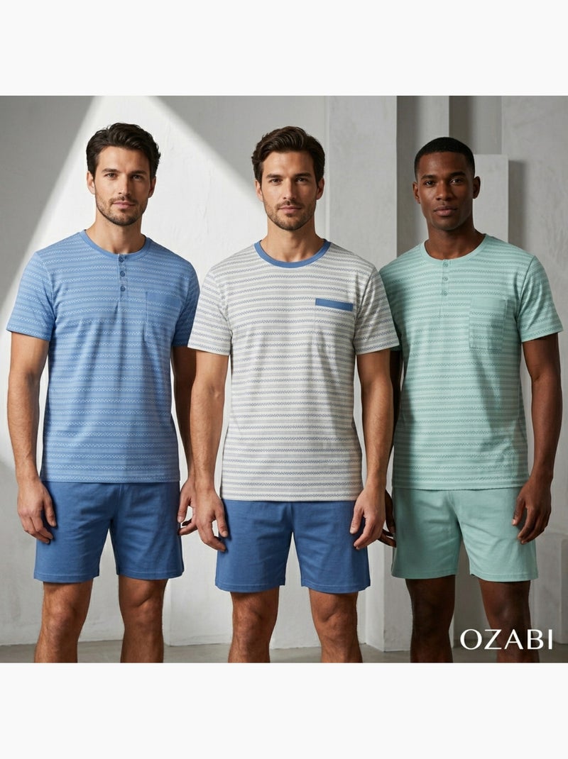 OZABI Pack 3 Pyjamas Courts Homme Coton Majoritaire, Col Bouton Blanc Bleu - Kiabi