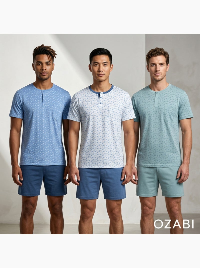 OZABI Pack 3 Pyjamas Courts Homme Coton Majoritaire, Col Bouton Bleu Gris - Kiabi