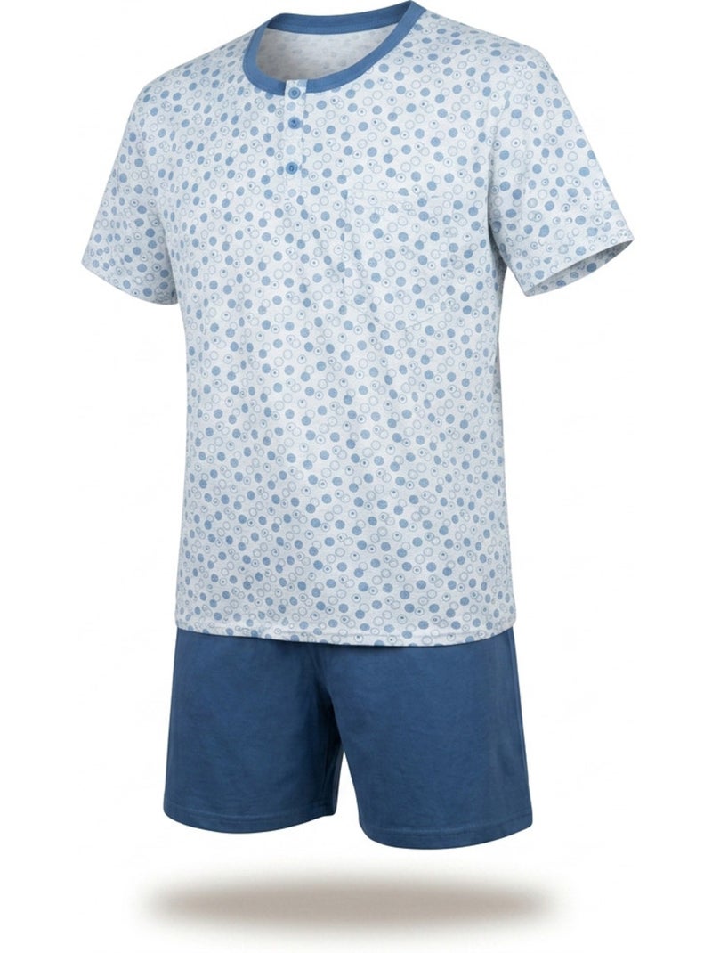OZABI Pack 3 Pyjamas Courts Homme Coton Majoritaire, Col Bouton Bleu Gris - Kiabi