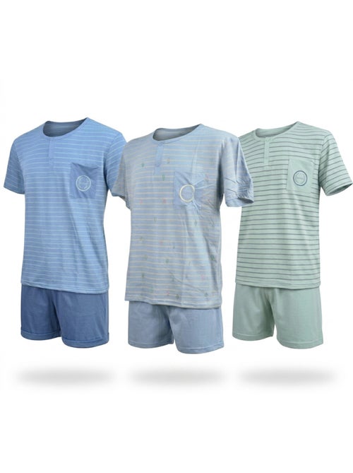 OZABI Pack 3 Pyjamas Courts Homme Coton Majoritaire, Col Bouton - Kiabi OZABI Pack 3 Pyjamas Courts Homme Coton Majoritaire, Col Bouton - Kiabi