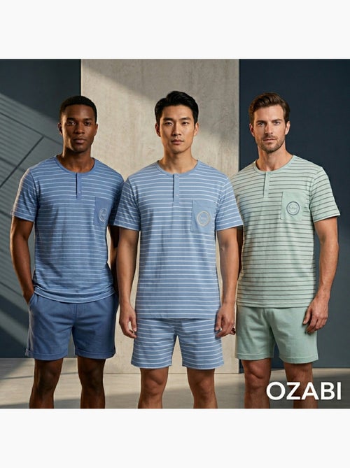 OZABI Pack 3 Pyjamas Courts Homme Coton Majoritaire, Col Bouton - Kiabi OZABI Pack 3 Pyjamas Courts Homme Coton Majoritaire, Col Bouton - Kiabi