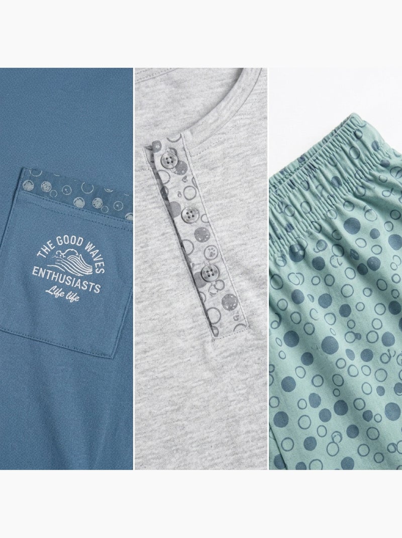 OZABI Pack 3 Pyjamas Courts Homme Coton Majoritaire, Col Bouton Gris Vert - Kiabi