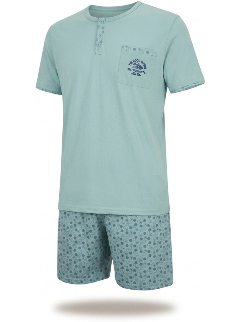OZABI Pack 3 Pyjamas Courts Homme Coton Majoritaire, Col Bouton Gris Vert - Kiabi