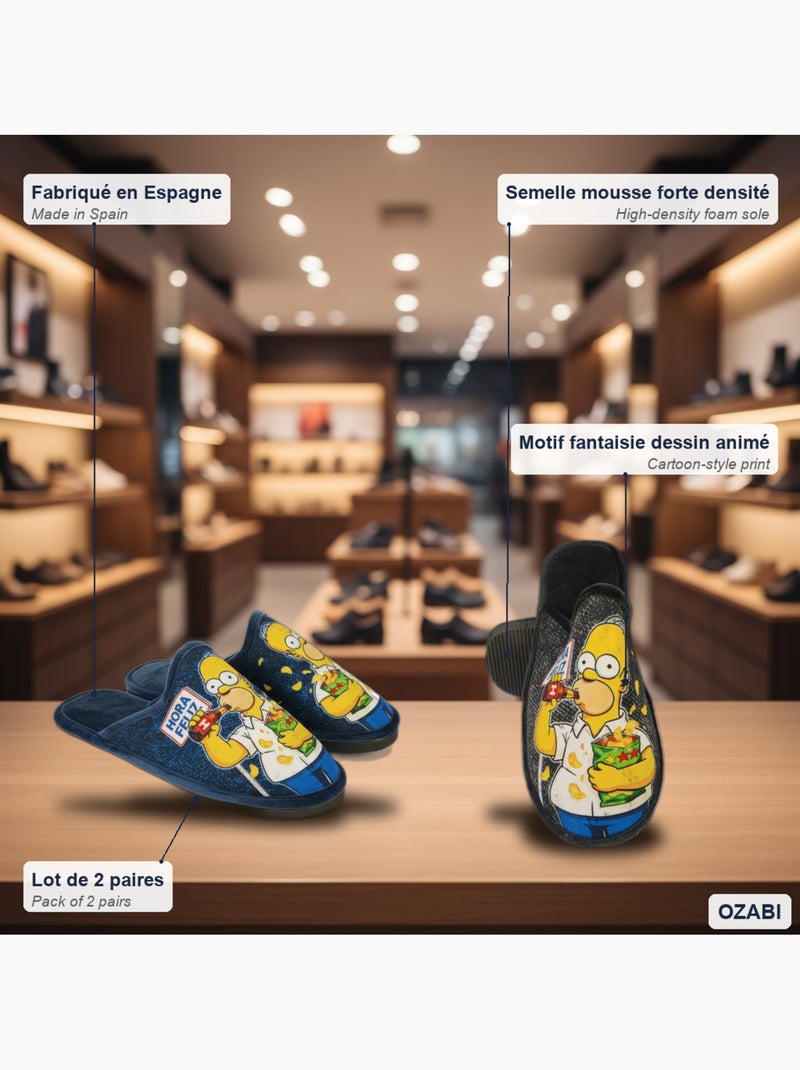 Ozabi pack de 2 paires pantoufles mules homme fantaisie motif dessin animé Bleu Noir - Kiabi