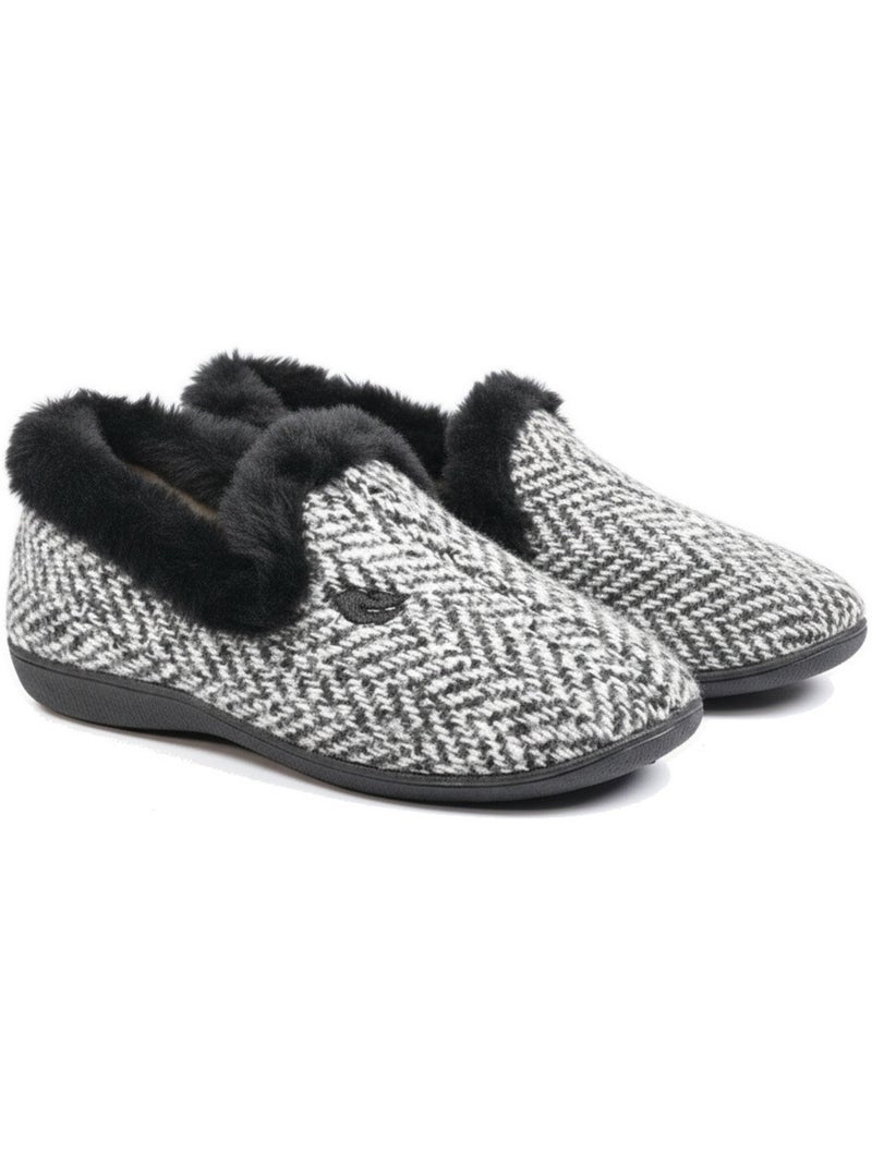 Ozabi pantoffels dames gevoerd fantasie geborduurd, kraag nepbont Antracietblauw - Kiabi