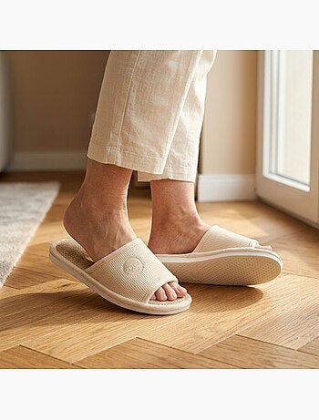 OZABI-Pantoufle Mule Femme Pack 2 Paires Tissu Gaufre Bout Ouvert