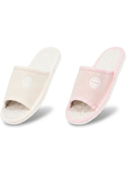 OZABI-Pantoufle Mule Femme Pack 2 Paires Tissu Gaufre Bout Ouvert - Kiabi OZABI-Pantoufle Mule Femme Pack 2 Paires Tissu Gaufre Bout Ouvert - Kiabi