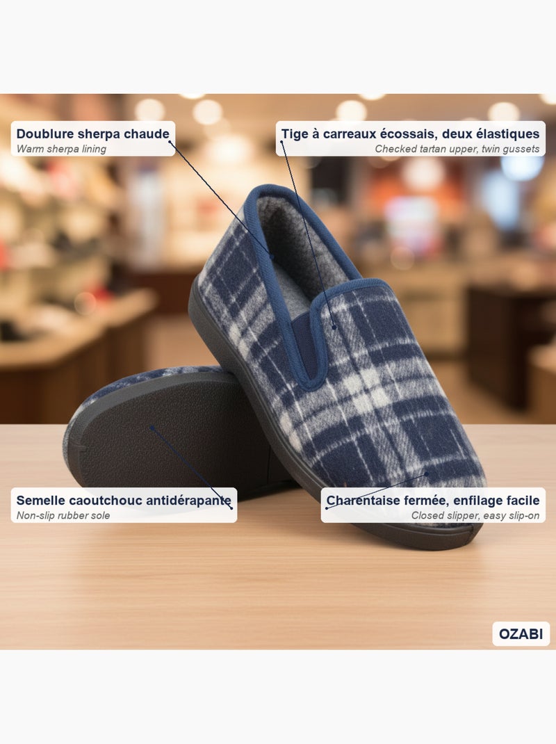 Ozabi pantoufles charentaises homme fourrées carreaux écossais antidérapantes Bleu marine - Kiabi