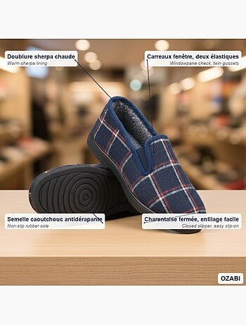 Ozabi pantoufles charentaises homme fourrées carreaux fenêtre antidérapantes