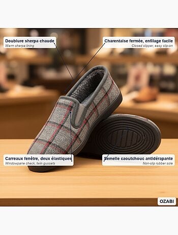 Ozabi pantoufles charentaises homme fourrées carreaux fenêtre antidérapantes