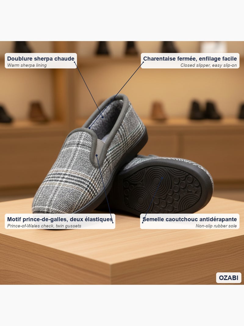Ozabi pantoufles charentaises homme fourrées prince-de-galles antidérapantes Gris - Kiabi