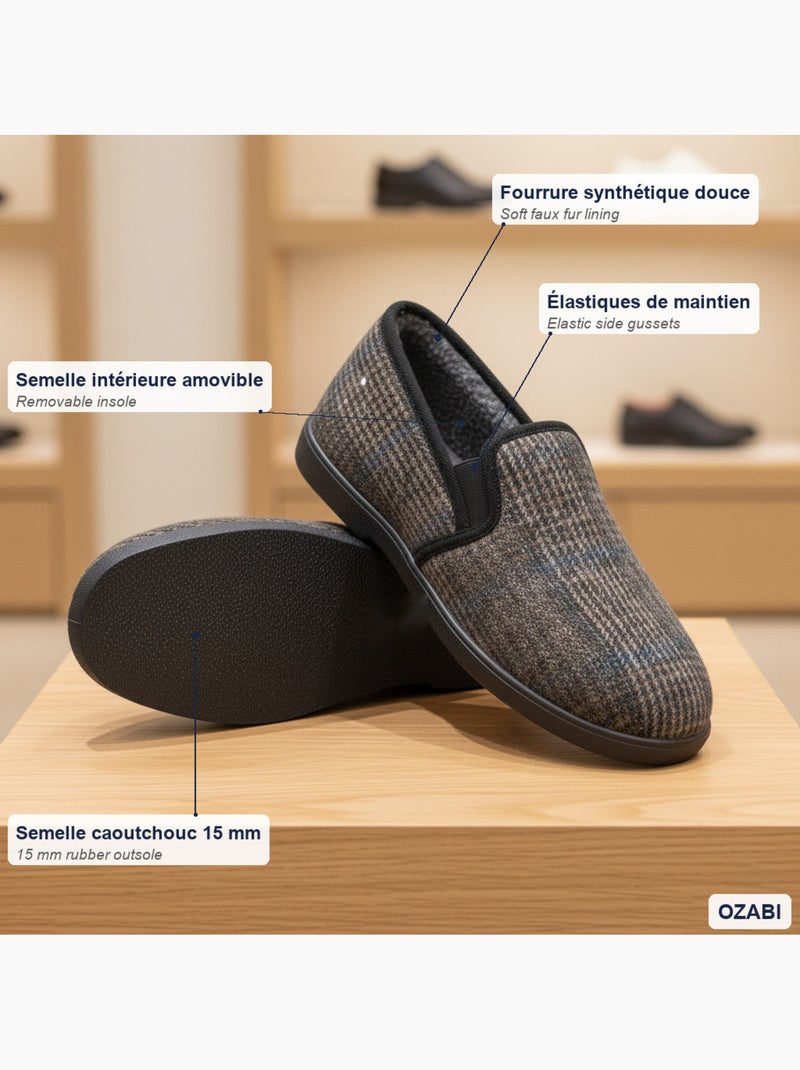 Ozabi pantoufles charentaises homme fourrées, tige textile à carreaux Craie - Kiabi