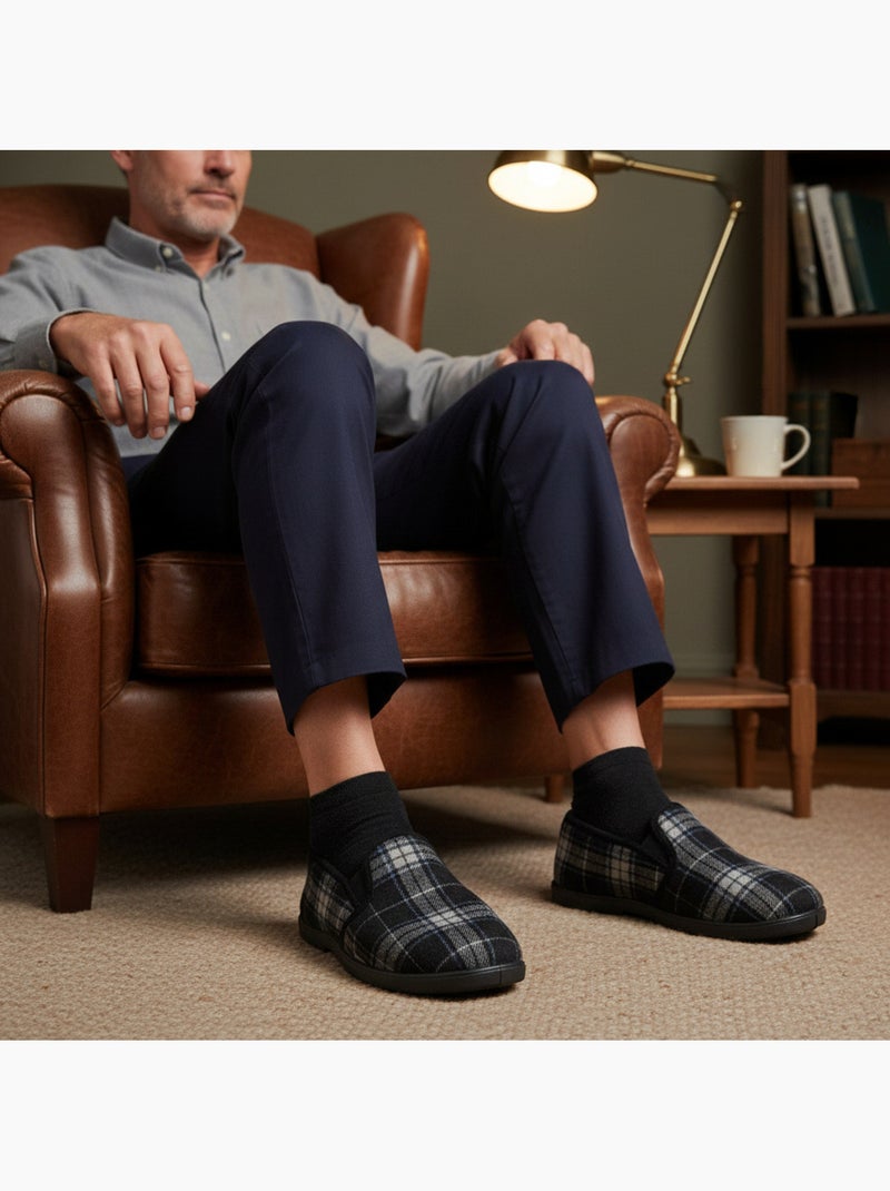 Ozabi pantoufles charentaises homme fourrées, tige textile à carreaux Noir - Kiabi