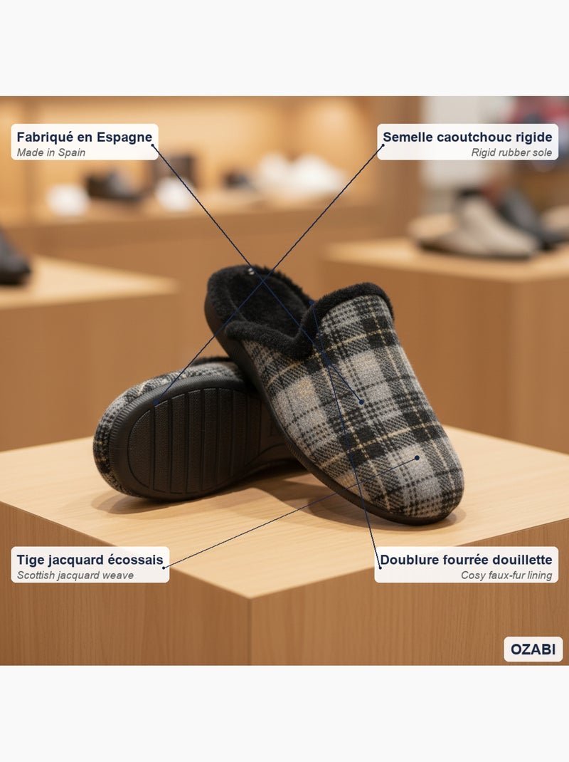 Ozabi pantoufles mules homme fabriquées en espagne, tige jacquard écossais gris anthracite - Kiabi