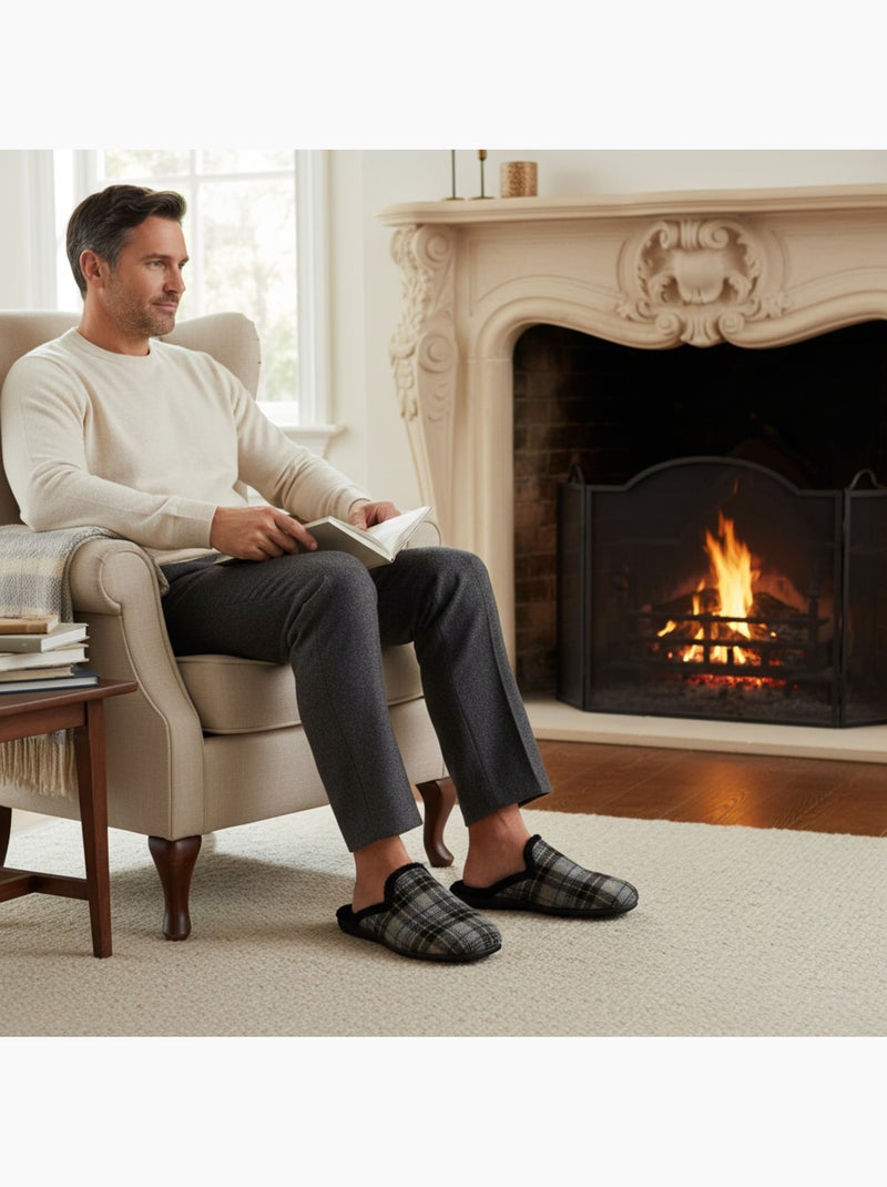 Ozabi pantoufles mules homme fabriquées en espagne, tige jacquard écossais gris anthracite - Kiabi