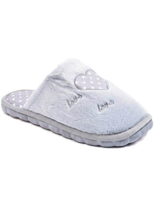 Ozabi pantoufles ouvertes femme, fausse fourrure, cœur à pois brodé love - Kiabi