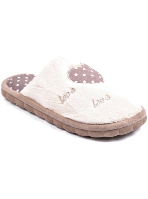 Ozabi pantoufles ouvertes femme, fausse fourrure, cœur à pois brodé love - Kiabi