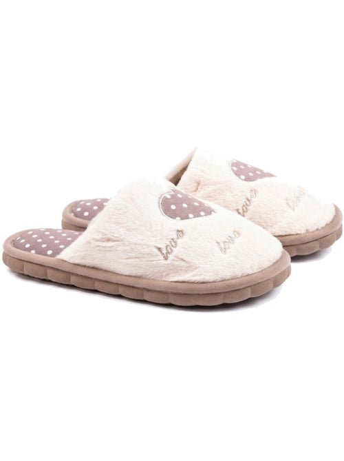 Ozabi pantoufles ouvertes femme, fausse fourrure, cœur à pois brodé love - Kiabi