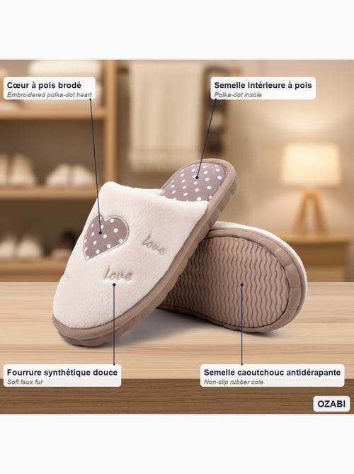 Ozabi pantoufles ouvertes femme, fausse fourrure, cœur à pois brodé love - Kiabi