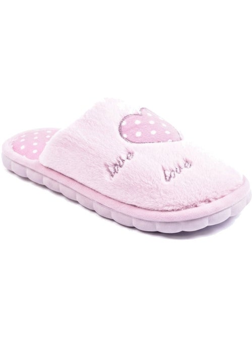 Ozabi pantoufles ouvertes femme, fausse fourrure, cœur à pois brodé love - Kiabi