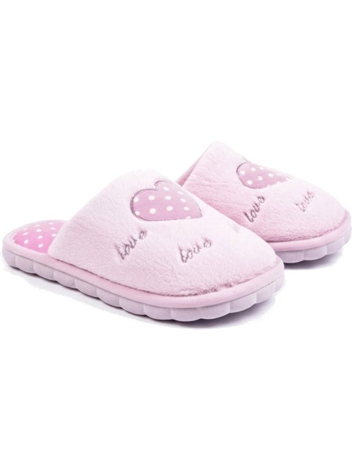 Ozabi pantoufles ouvertes femme, fausse fourrure, cœur à pois brodé love - Kiabi