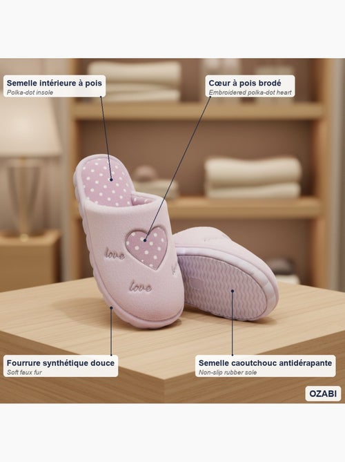 Ozabi pantoufles ouvertes femme, fausse fourrure, cœur à pois brodé love - Kiabi
