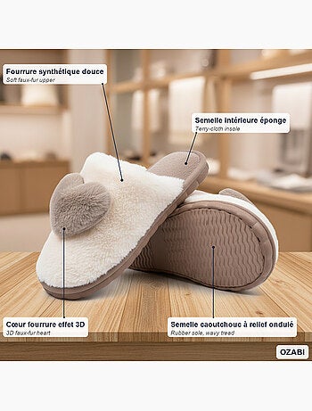 Ozabi pantoufles ouvertes femme, fourrure synthétique, cœur effet 3d