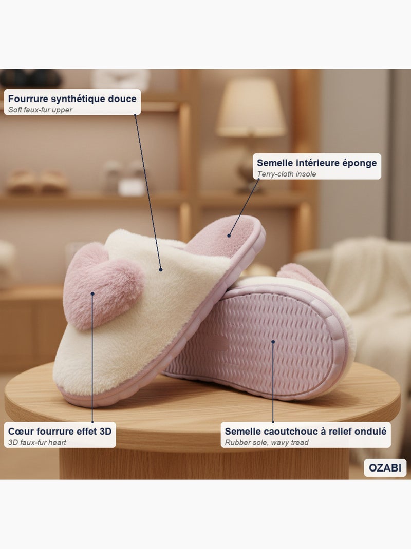 Ozabi pantoufles ouvertes femme, fourrure synthétique, cœur effet 3d Parme - Kiabi
