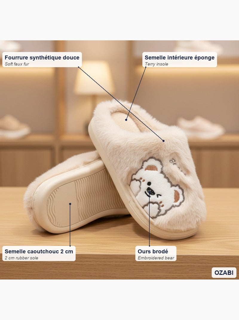 Ozabi pantoufles ouvertes femme, fourrure synthétique, ours brodé Beige - Kiabi