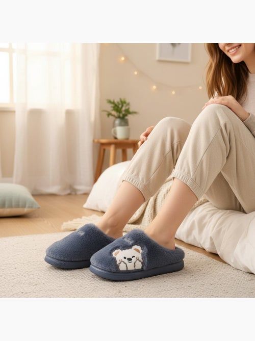 Ozabi pantoufles ouvertes femme, fourrure synthétique, ours brodé - Kiabi