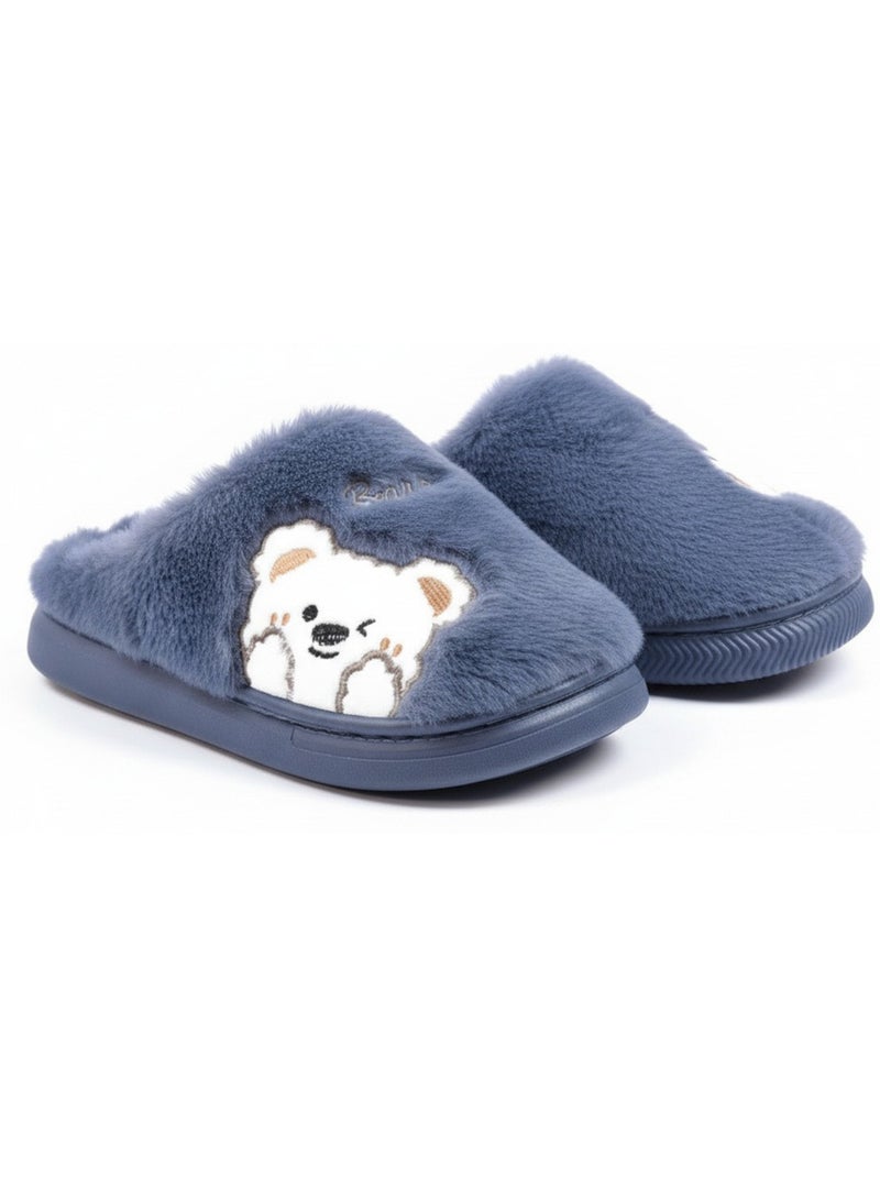 Ozabi pantoufles ouvertes femme, fourrure synthétique, ours brodé Bleu marine - Kiabi