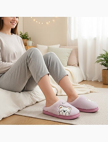 Ozabi pantoufles ouvertes femme, fourrure synthétique, ours brodé