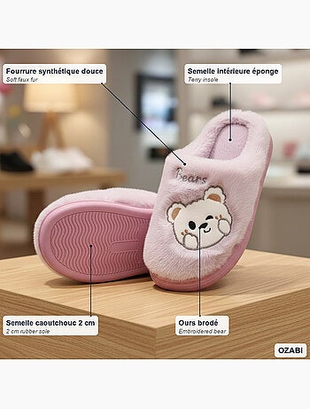Ozabi pantoufles ouvertes femme, fourrure synthétique, ours brodé