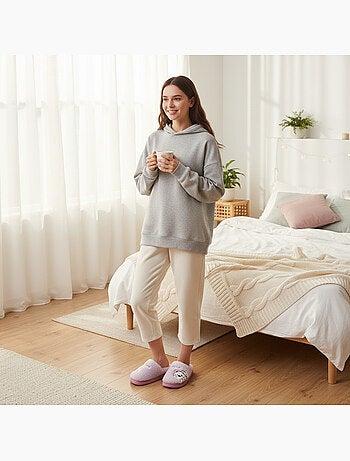 Ozabi pantoufles ouvertes femme, fourrure synthétique, ours brodé