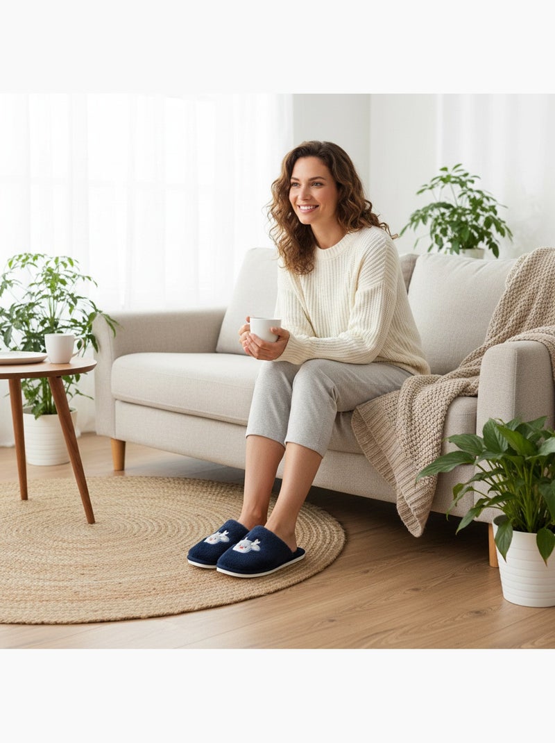 Ozabi pantoufles ouvertes femme, fourrure synthétique, renne brodé Bleu marine - Kiabi