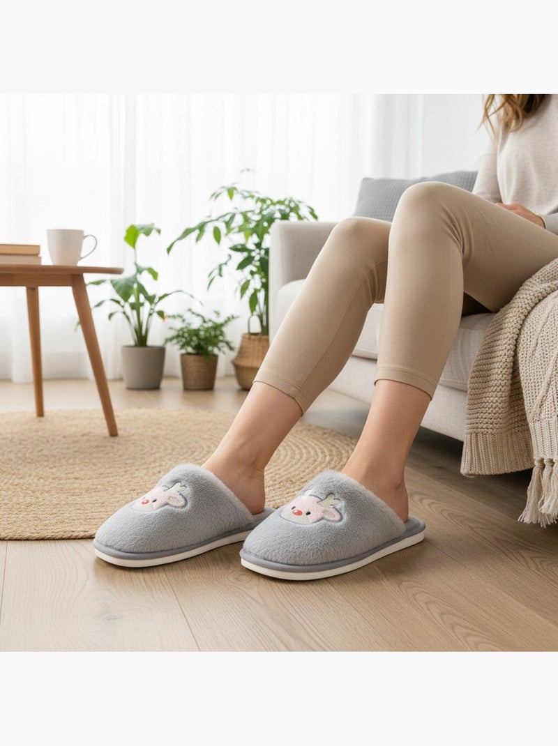 Ozabi pantoufles ouvertes femme, fourrure synthétique, renne brodé Gris - Kiabi