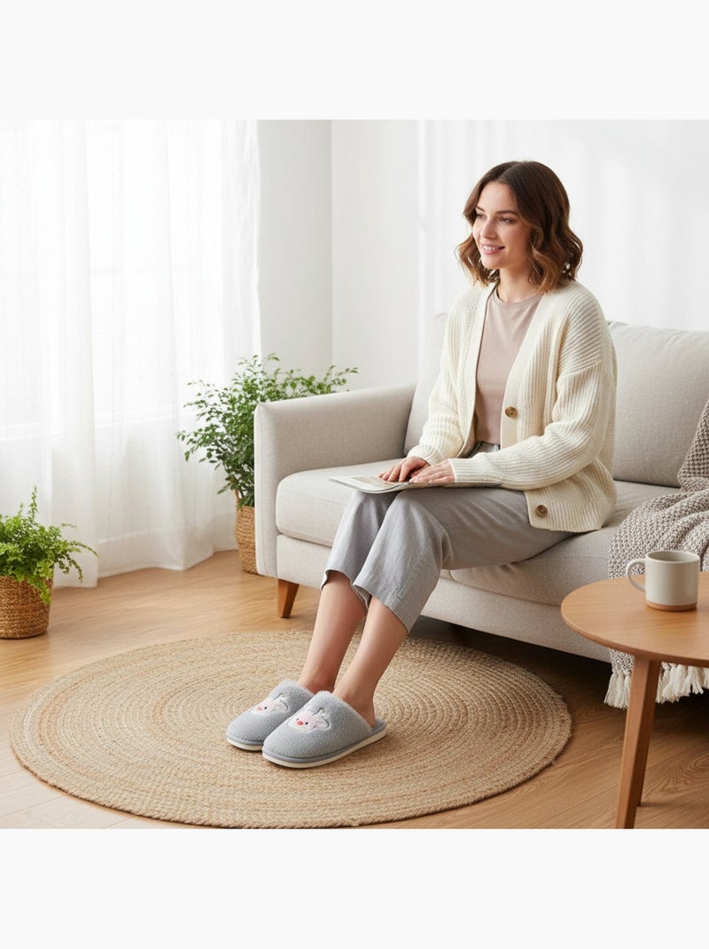Ozabi pantoufles ouvertes femme, fourrure synthétique, renne brodé Gris - Kiabi